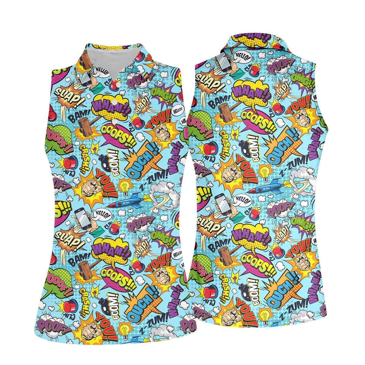 Comic Pattern Hawaiian Golf Shirt, Retro Style Women's Golf Tops, Ladies Golf Shirts