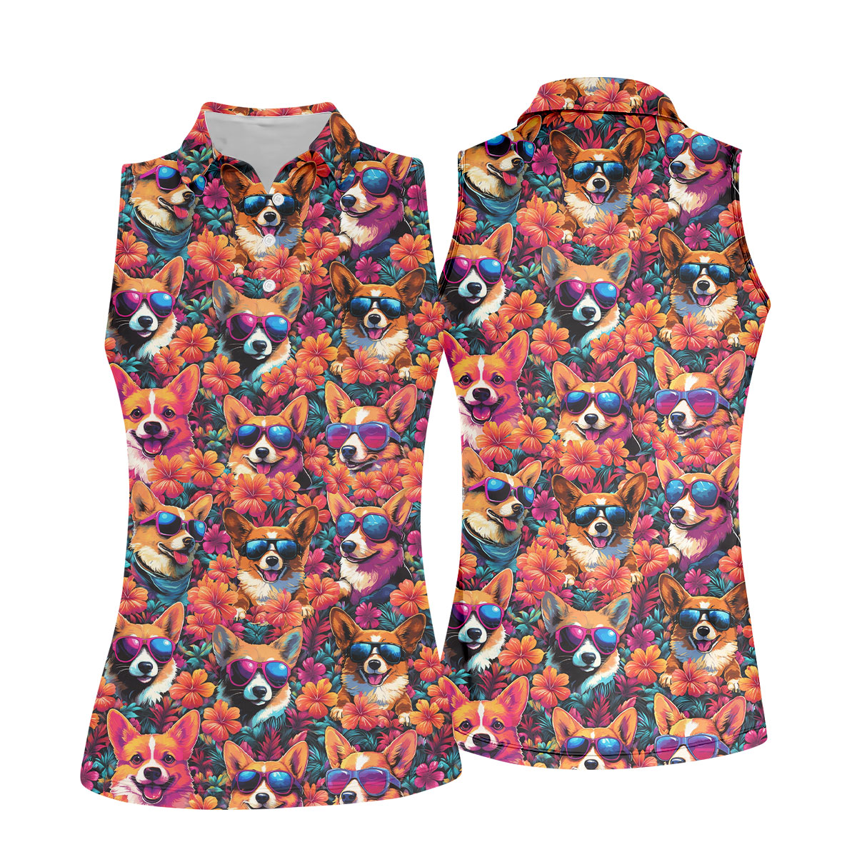 Tropical Corgi Floral Pattern Hawaiian Golf Polo, Golf Tops For Women, Golfing Apparel