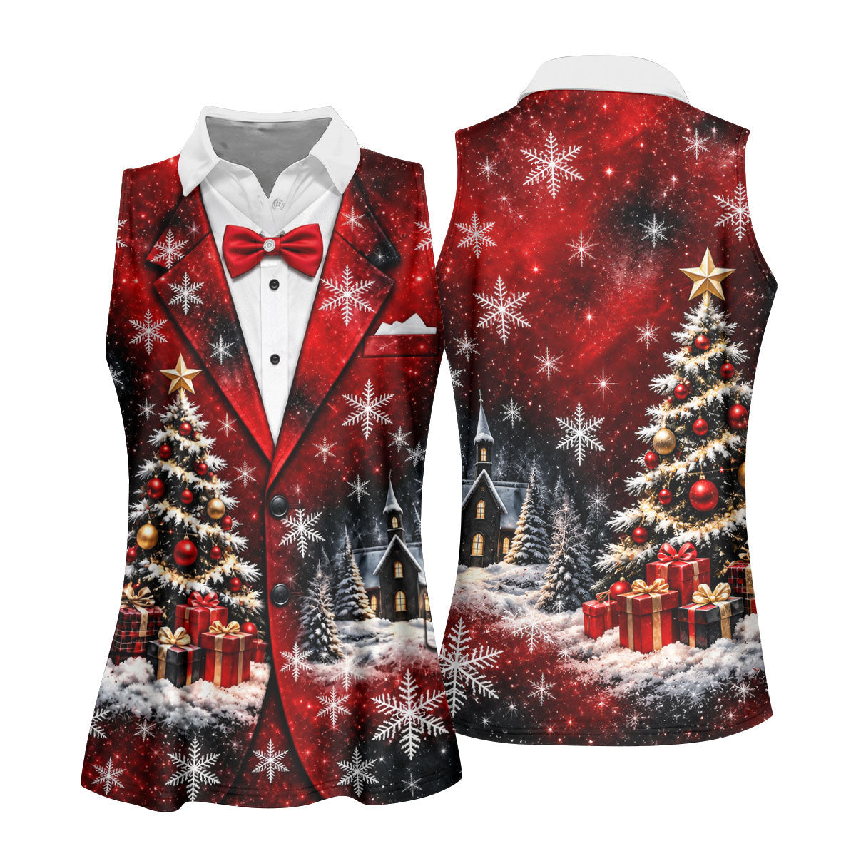 Tuxedo Tree Snowflakes Christmas Golf Shirt, Ladies Golf Shirts, Golf Tops For Women