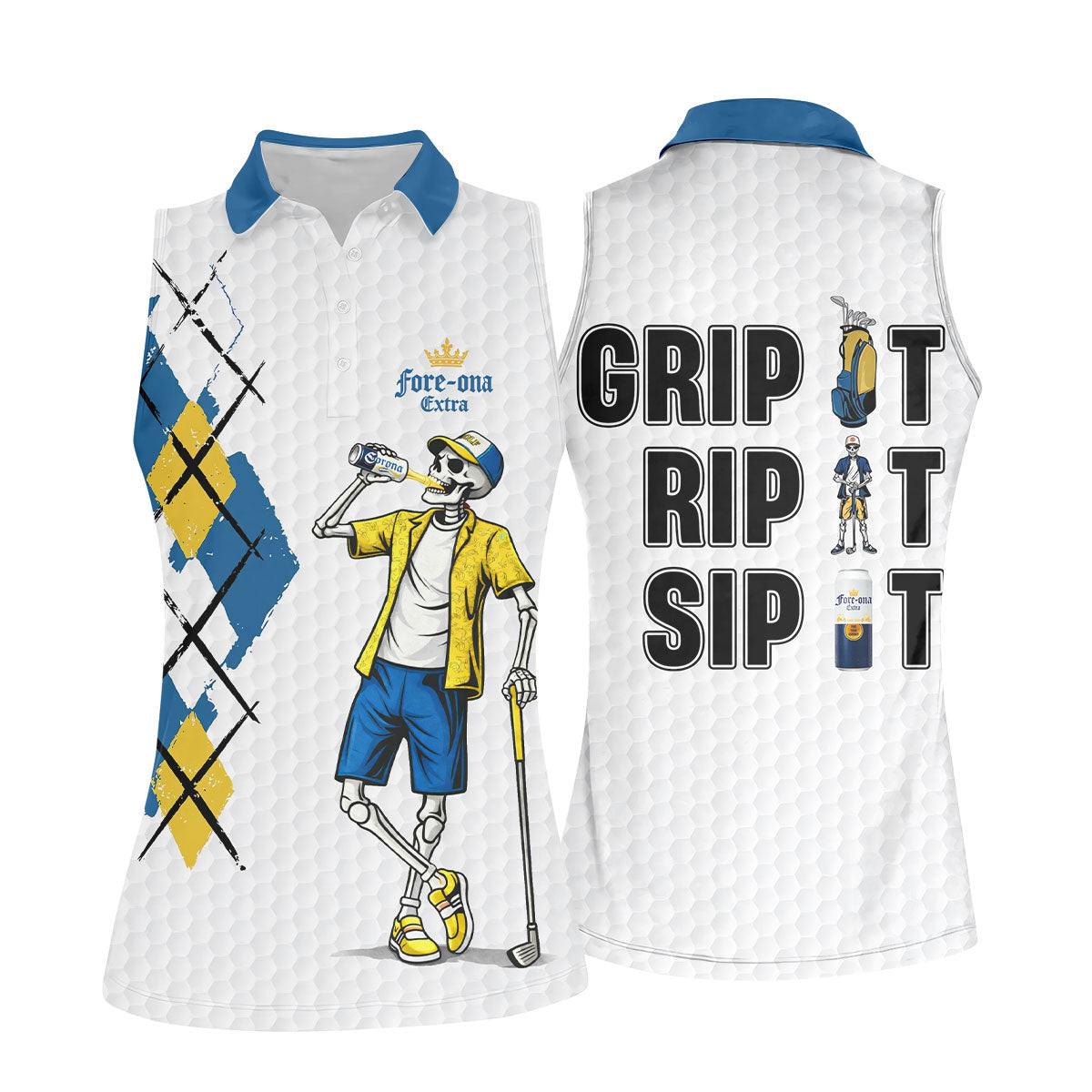 Fore-Ona Extra Blue Yellow Skeleton Golfer Beer Polo Shirt, Women’s Golf Apparel, Golf Shirts For Women