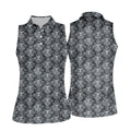 Skull Damask Charcoal Grey Gothic Floral Women Golf Top, Ladies Golf Shirts, Golf Shirt For Women