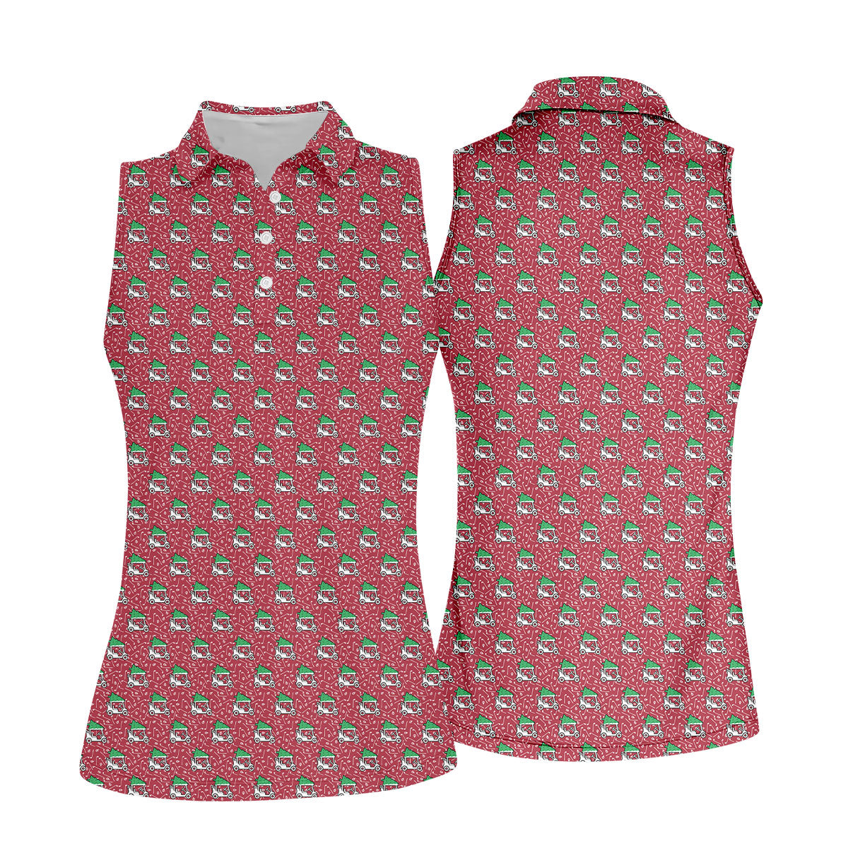 Christmas Golf Cart Pattern Red Women's Golf Tops, Christmas Golf Shirt, Polo Shirts For Women
