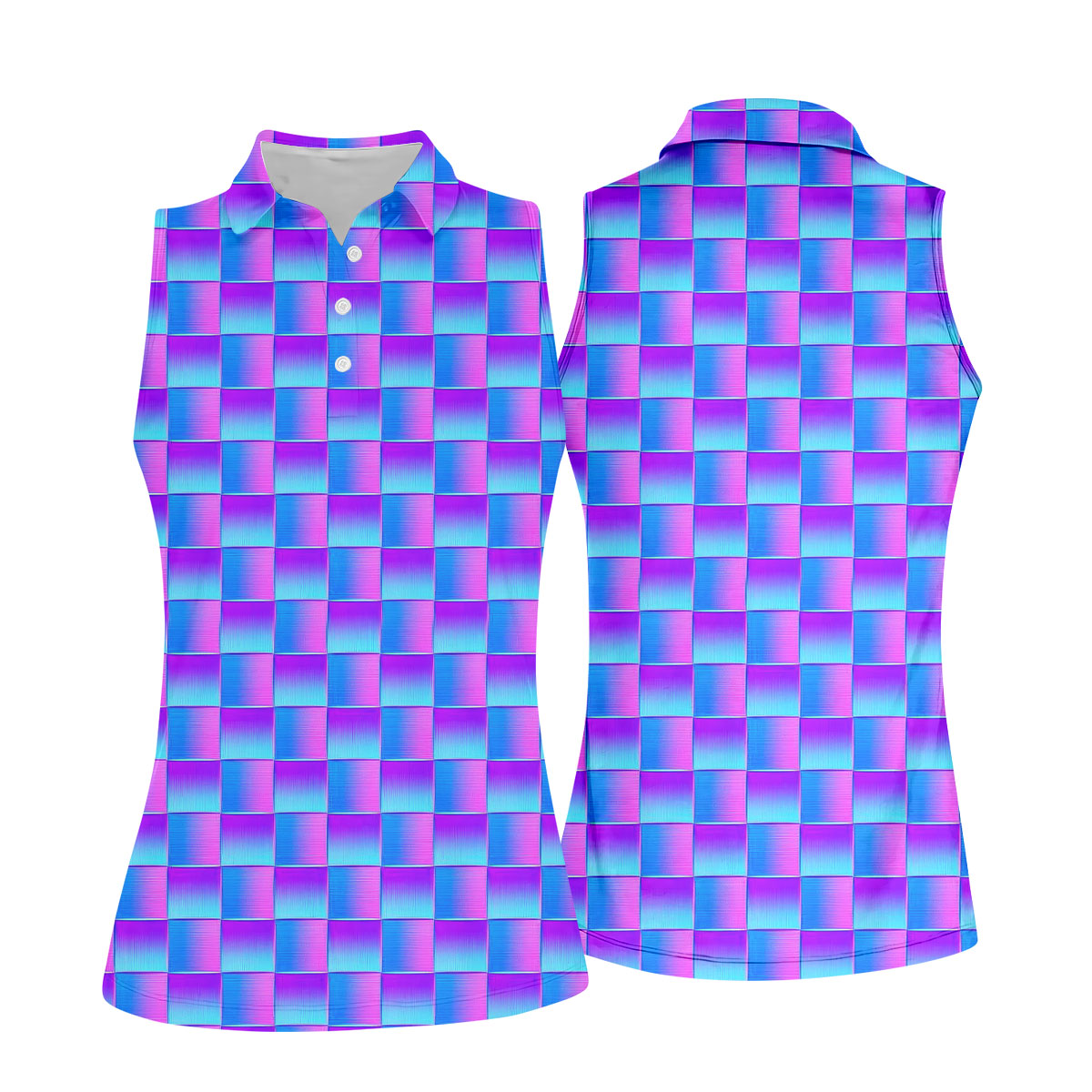 Purple Blue Gradient Checkered Pattern Golf Shirt, Ladies Golf Shirts, Women’s Golf Apparel, Printed Golf Shirt