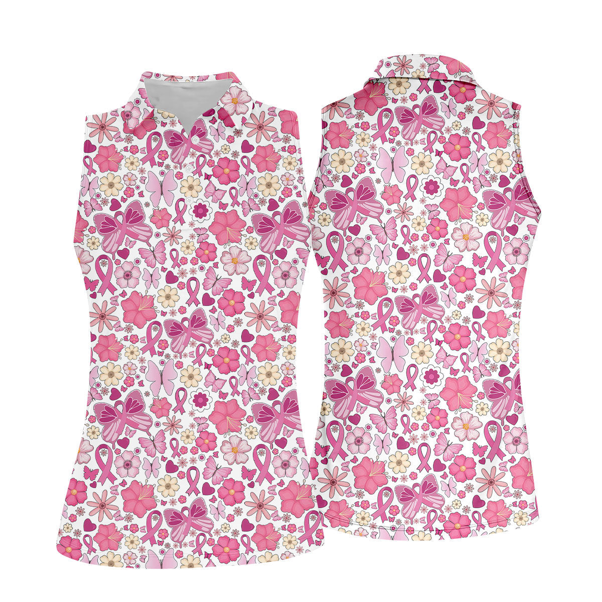 Breast Cancer Pink Ribbon Floral Golf Shirt, Cancer Awareness Shirt, Ladies Golf Polos, Golfing Apparel