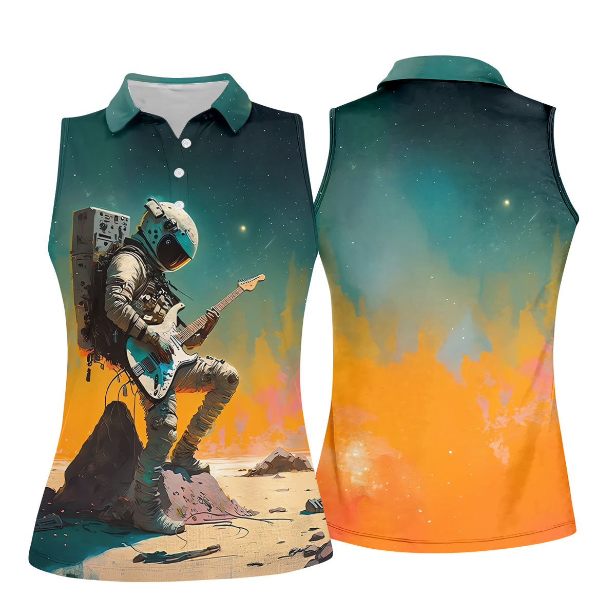 Astronaut Rock Guitar Teal Sunset Hawaiian Golf Polo, Golf Tops For Women, Golfing Apparel