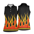 Black Orange Yellow Flame Sleeve Golf Shirt, Golf Polo For Women, Printed Golf Shirt