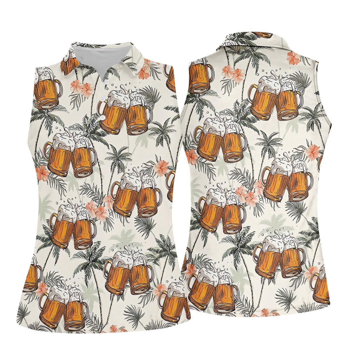 Tropical Palm Trees and Frosty Beer Mug Hawaiian Golf Polo, Golf Tops For Women, Golfing Apparel