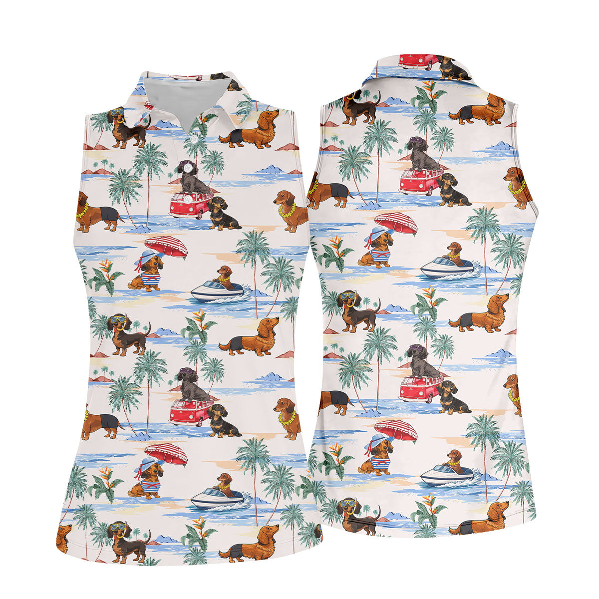 Tropical Dachshund Beach Pattern Hawaiian Golf Polo, Golf Tops For Women, Golfing Apparel
