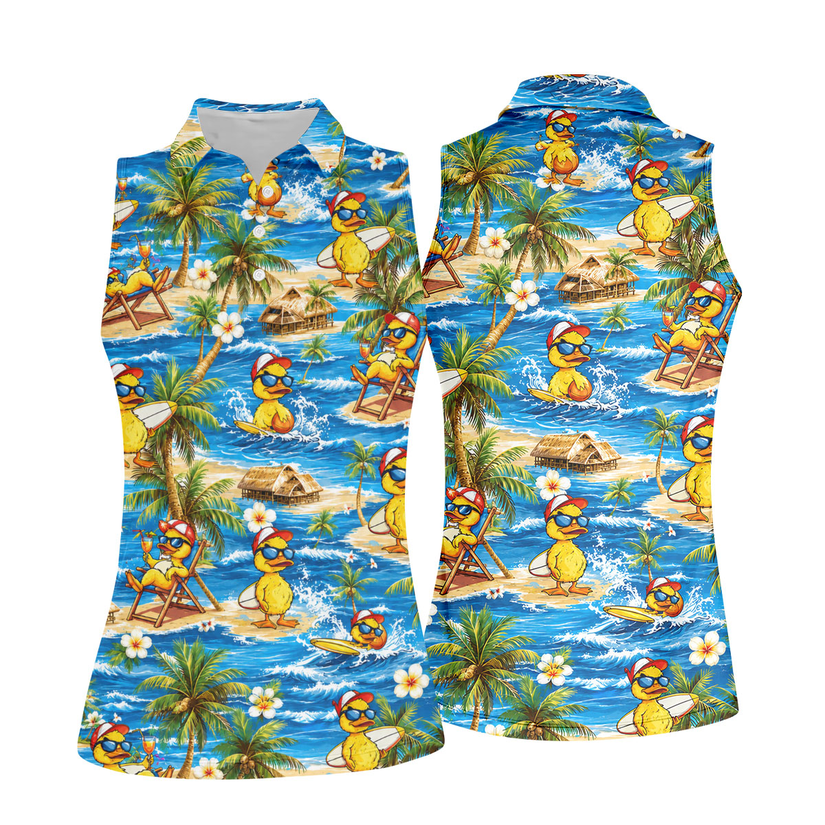 Yellow Rubber Duck Beach Theme Hawaiian Golf Shirt, Women's Golf Tops, Ladies Golf Shirts