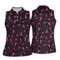 Black Pink Ribbon Heart Breast Cancer Polo Shirt, Ladies Golf Shirt, Women's Golf Tops