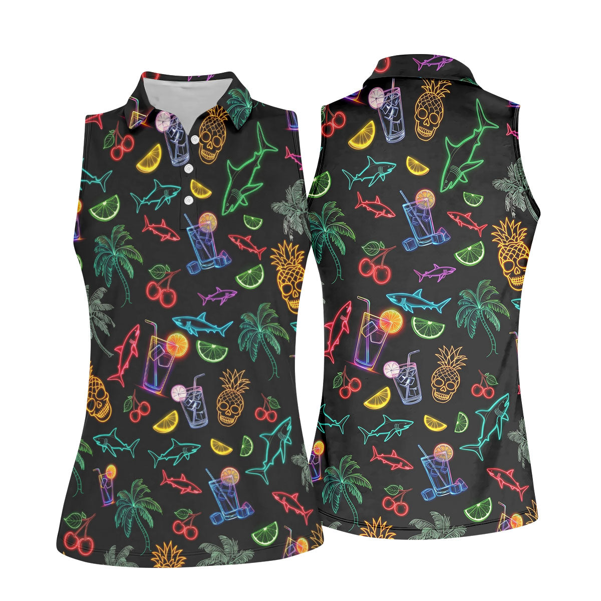 Neon Shark And Cocktail Pattern Hawaiian Golf Shirt, Women's Golf Tops, Ladies Golf Shirts