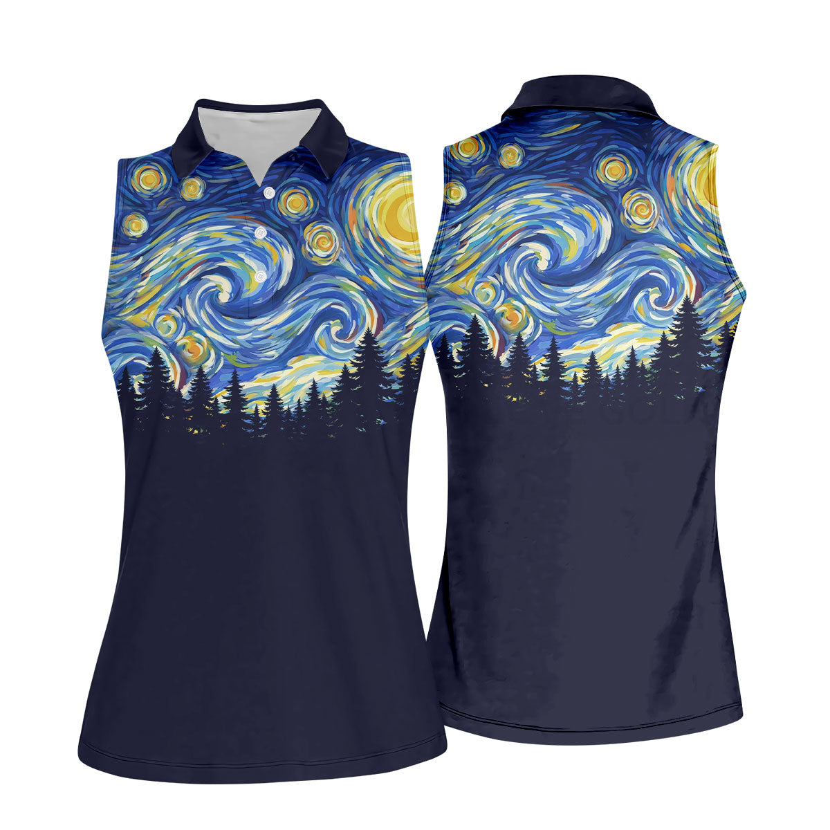 Van Gogh Inspired Starry Night Forest Hawaiian Golf Polo, Golf Tops For Women, Golfing Apparel