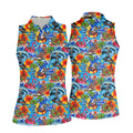 Blue Tropical Skeleton Surfer Pattern Golf Polo Shirt, Golf Shirts For Women, Women's Golf Polo