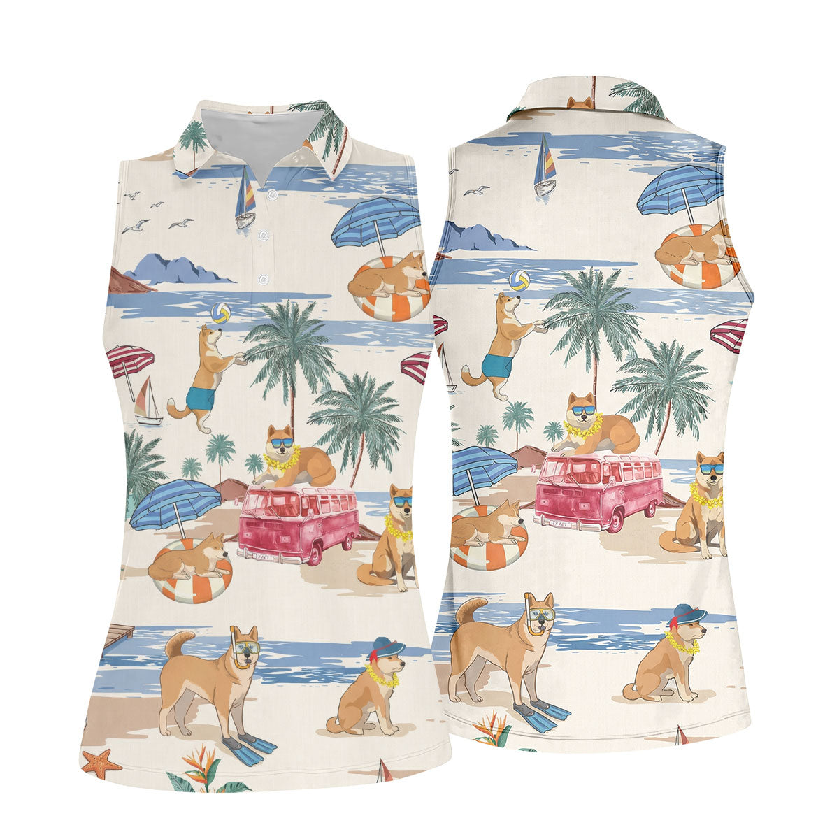 Tropical Shiba Inu Beach Pattern Hawaiian Golf Polo, Golf Tops For Women, Golfing Apparel