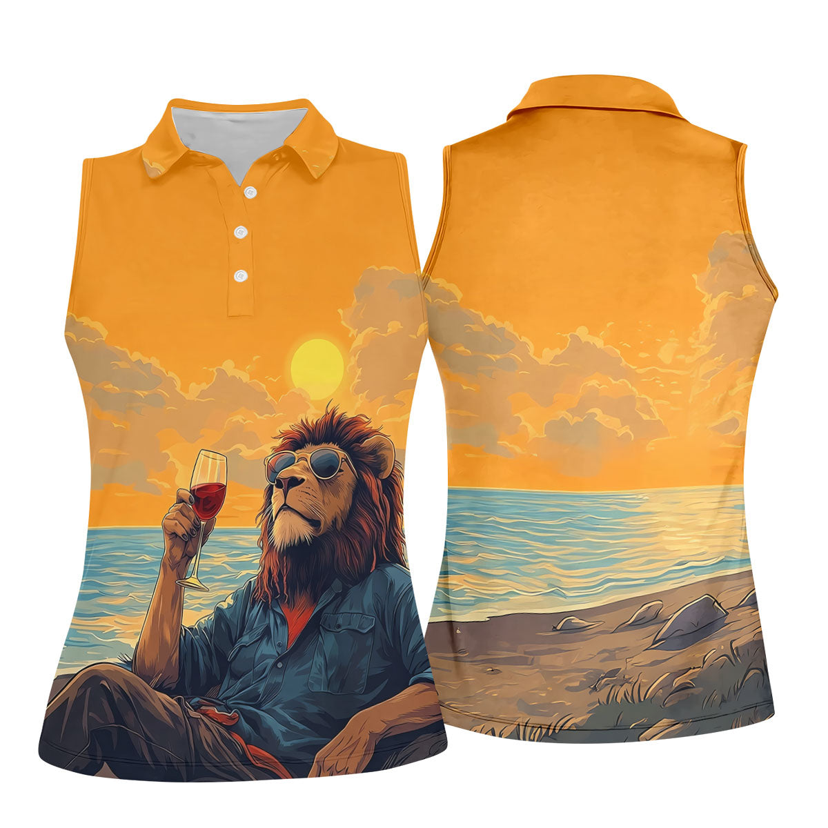 Lion Gentleman Sunset Reserve Hawaiian Golf Shirt, Women's Golf Tops, Ladies Golf Shirts