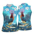 Tropical Floral Beach Scene with Ocean Surf Hawaiian Golf Polo, Golf Tops For Women, Golfing Apparel