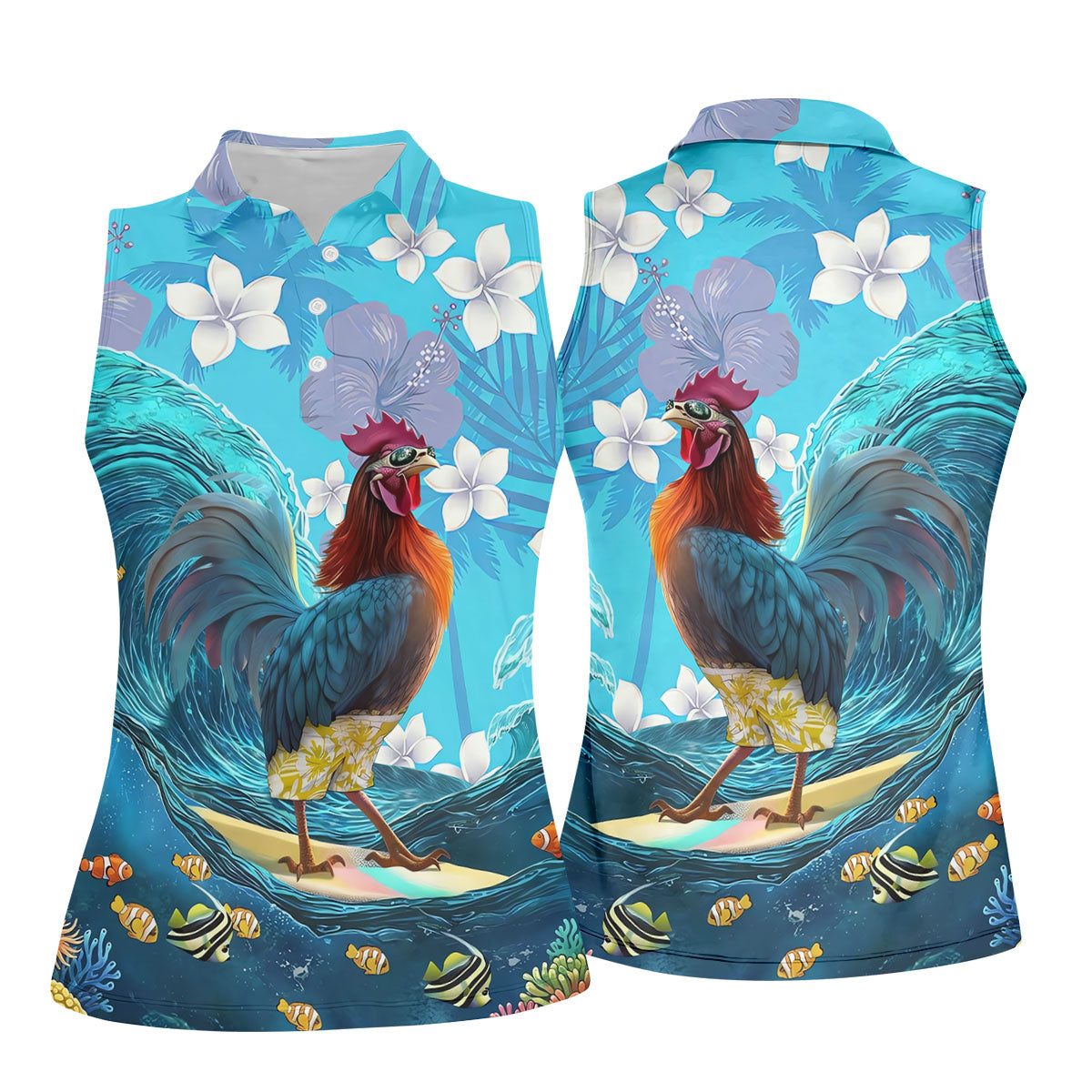 Tropical Floral Beach Scene with Ocean Surf Hawaiian Golf Polo, Golf Tops For Women, Golfing Apparel