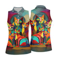 Abstract Colorful Cat Halloween Golf Polo Shirt, Women's Golf Tops, Golf Polo For Women