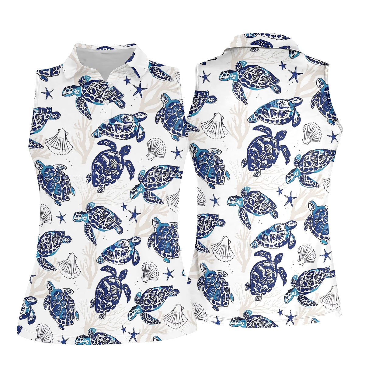 Sea Turtle, Starfish, Seashells and Coral Reef Art Hawaiian Golf Polo, Golf Tops For Women, Golfing Apparel
