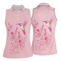 Hummingbird Floral Breast Cancer Ribbon Polo Shirt, Ladies Golf Tops, Golf Shirts For Women