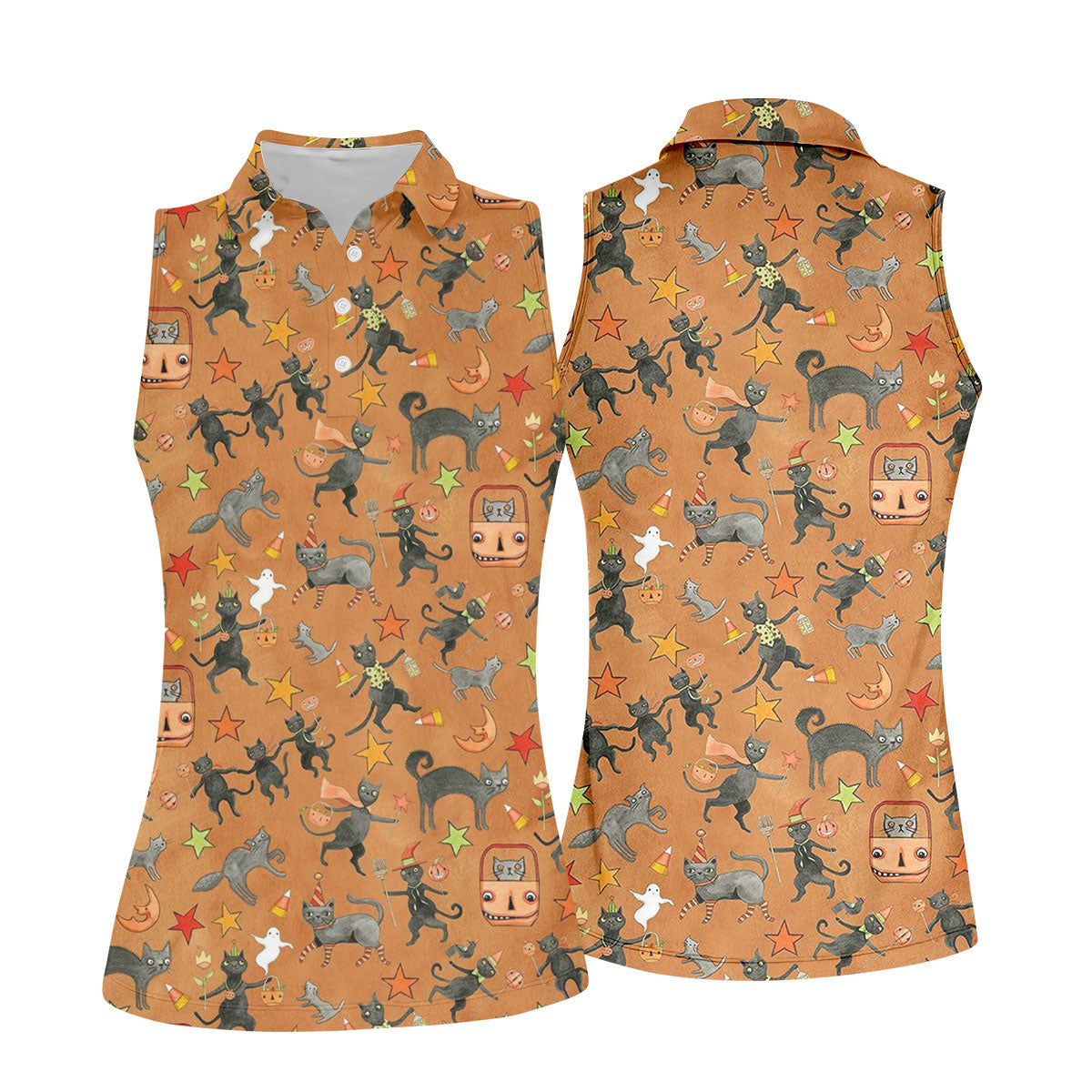 Vintage Black Cat Halloween Pattern Polo Shirt, Golf Shirts For Women, Womens Golf Tops