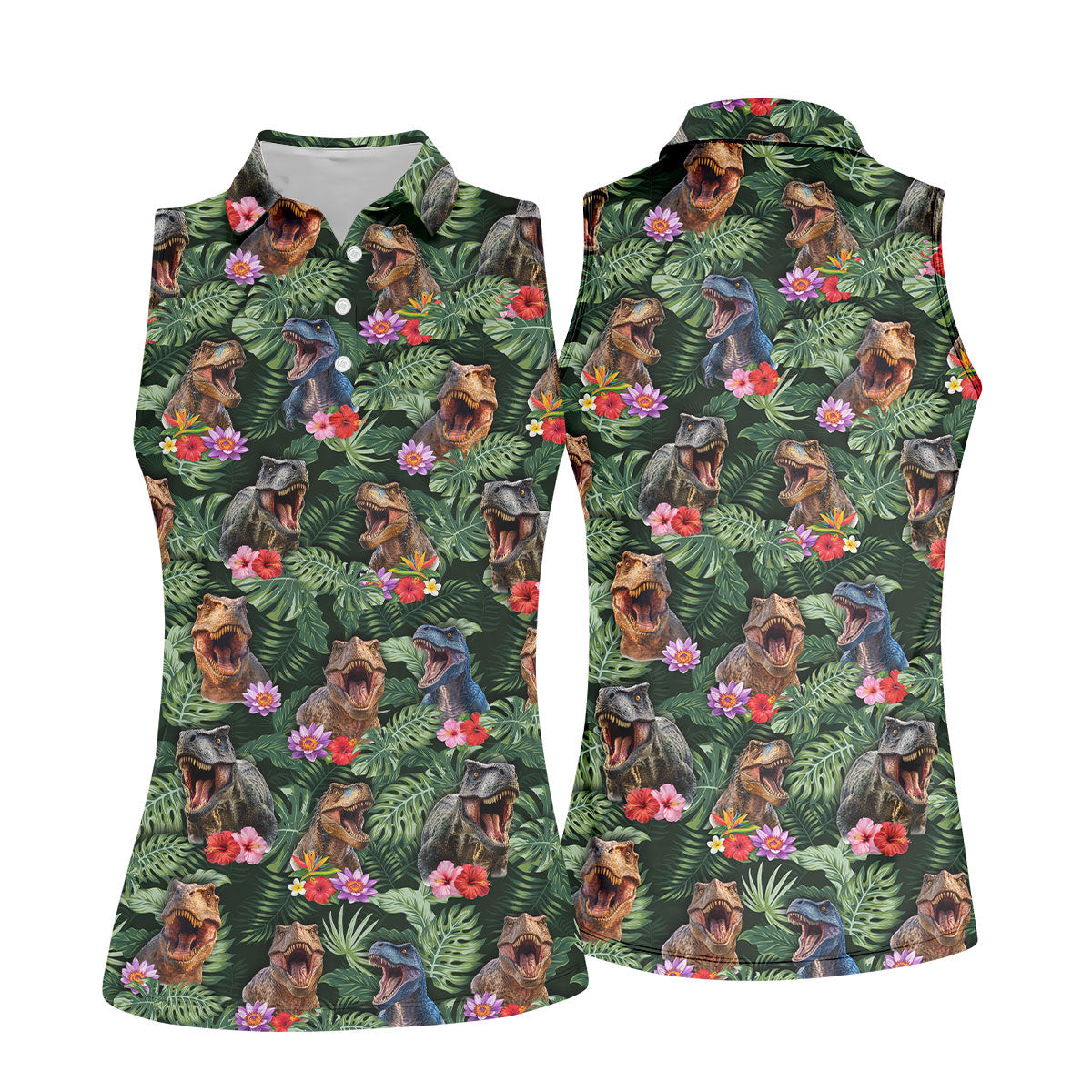 Tropical T Rex Floral Pattern Hawaiian Golf Polo, Golf Tops For Women, Golfing Apparel