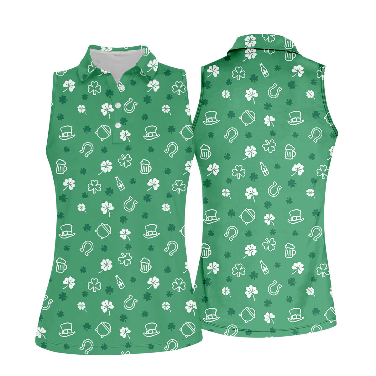 Leprechaun Hat Shamrock Beer Seamless Pattern St. Patrick’s Day Golf Shirt, Women's Golf Tops, Ladies Golf Polos