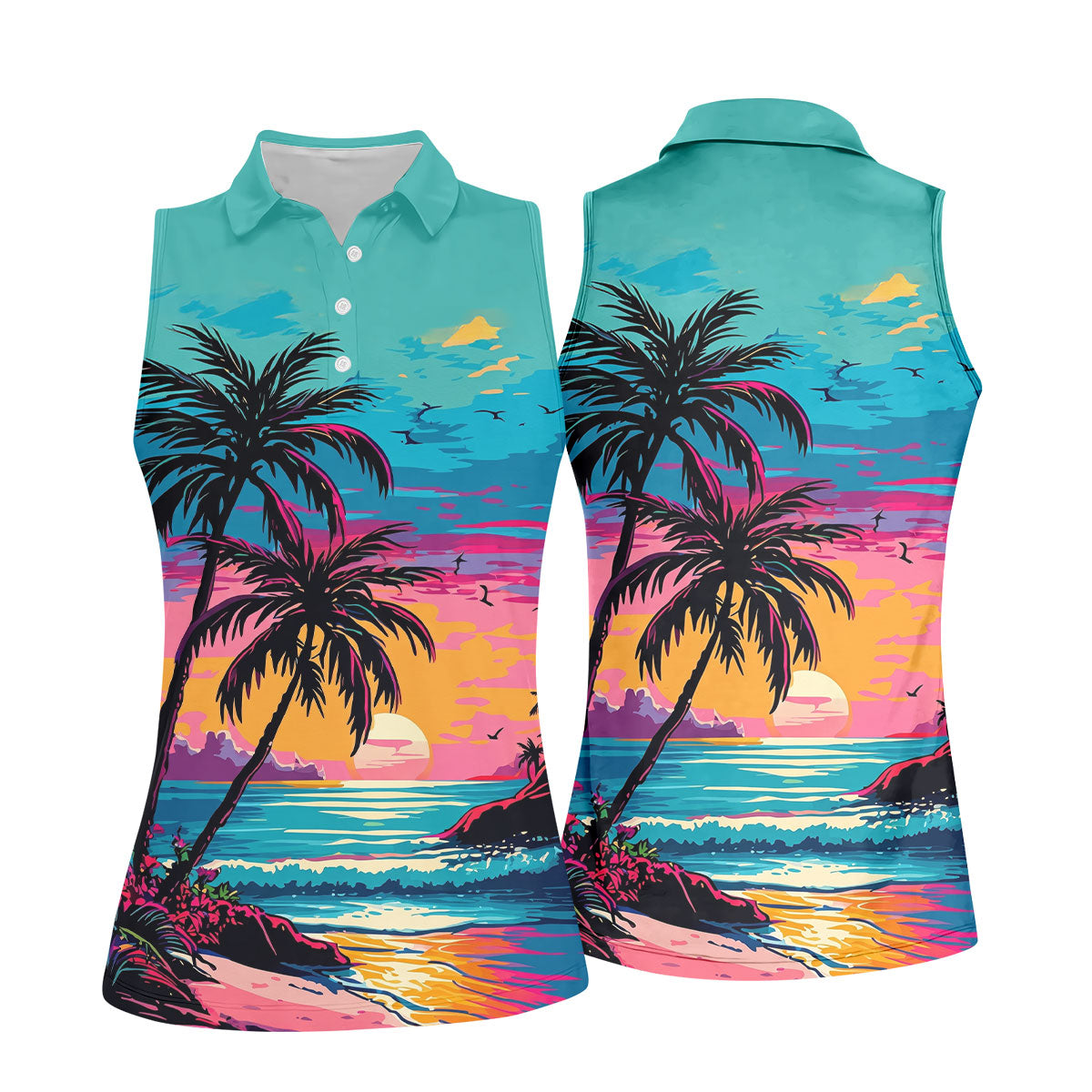 Tropical Sunset Palm Tree Hawaiian Golf Shirt, Ladies Golf Shirt, Womens Golf Tops