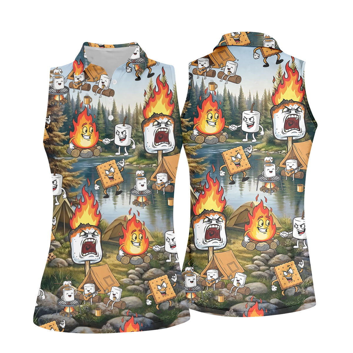 Cartoon Marshmallow, Graham Cracker and Campfire Characters Lake Camping Hawaiian Golf Polo, Golf Tops For Women, Golfing Apparel