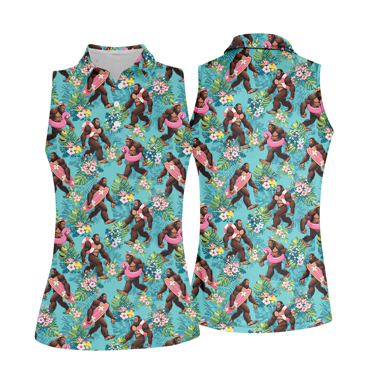 Aqua Blue Bigfoot Beach Party Hawaiian Golf Shirt, Women's Golf Tops, Ladies Golf Shirts