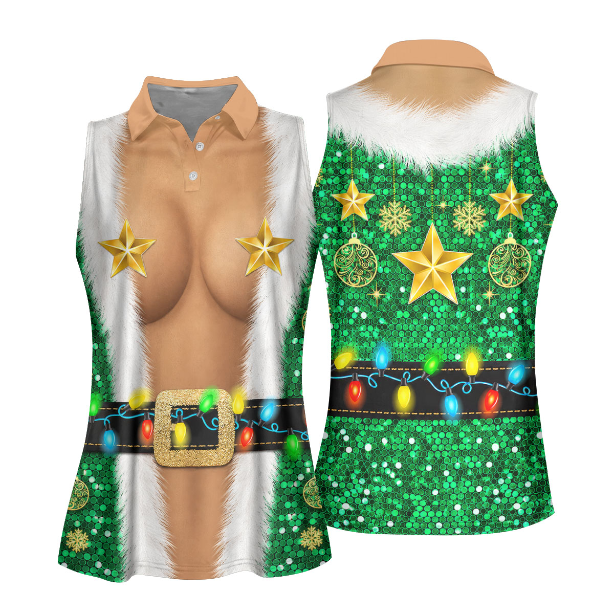 Green Santa Gold Stars Christmas Golf Shirt, Ladies Golf Shirt, Women’s Golf Apparel
