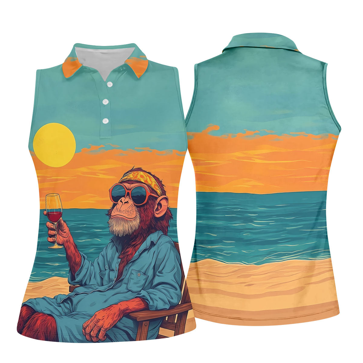 Monkey Gentleman Sunset Coast Hawaiian Golf Shirt, Women's Golf Tops, Ladies Golf Shirts