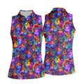 Psychedelic Cat Golf Shirt, Colorful Neon Cat Pattern, Polo Shirts For Women
