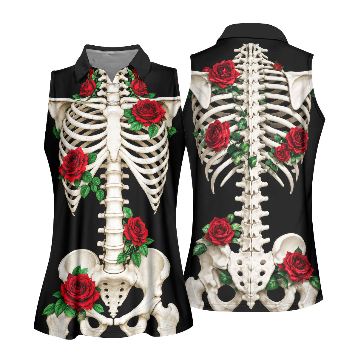 Skeleton Rib Cage And Red Roses Halloween Polo Shirt, Golf Tops For Women, Women’s Golf Polo