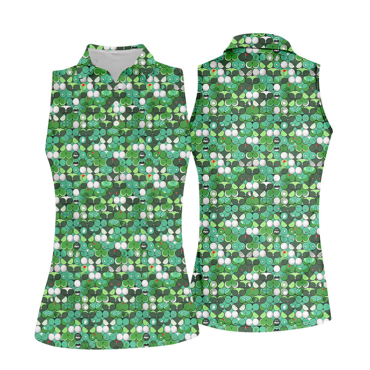 Green Golf Ball And Flag Pattern Golf Shirt, Ladies Golf Shirts , Women's Golf Tops