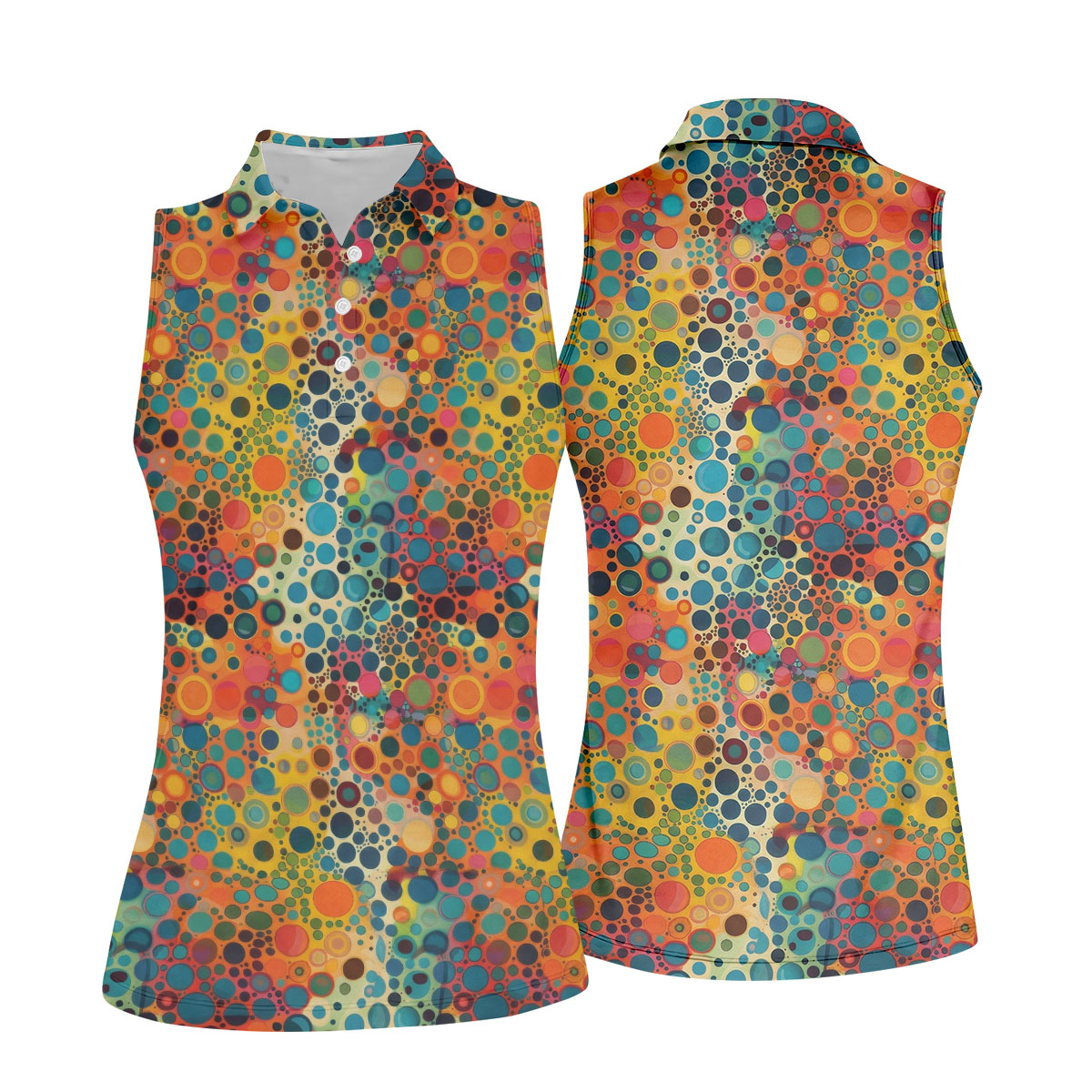 Vibrant Overlapping Dot and Circle Design Hawaiian Golf Polo, Golf Tops For Women, Golfing Apparel