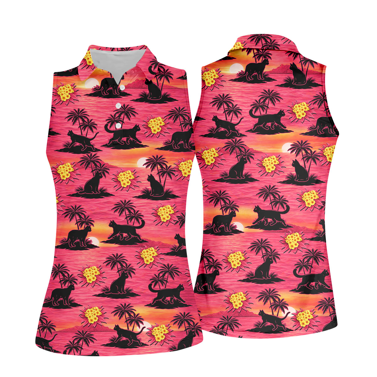Tropical Cat Sunset Pattern Hawaiian Golf Polo, Golf Tops For Women, Golfing Apparel