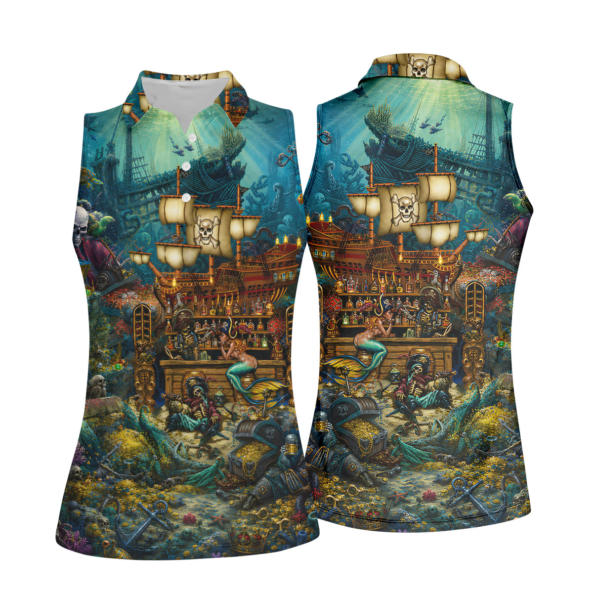 Pirate Life Tiki Pattern Hawaiian Golf Shirt, Women's Golf Tops, Ladies Golf Shirts