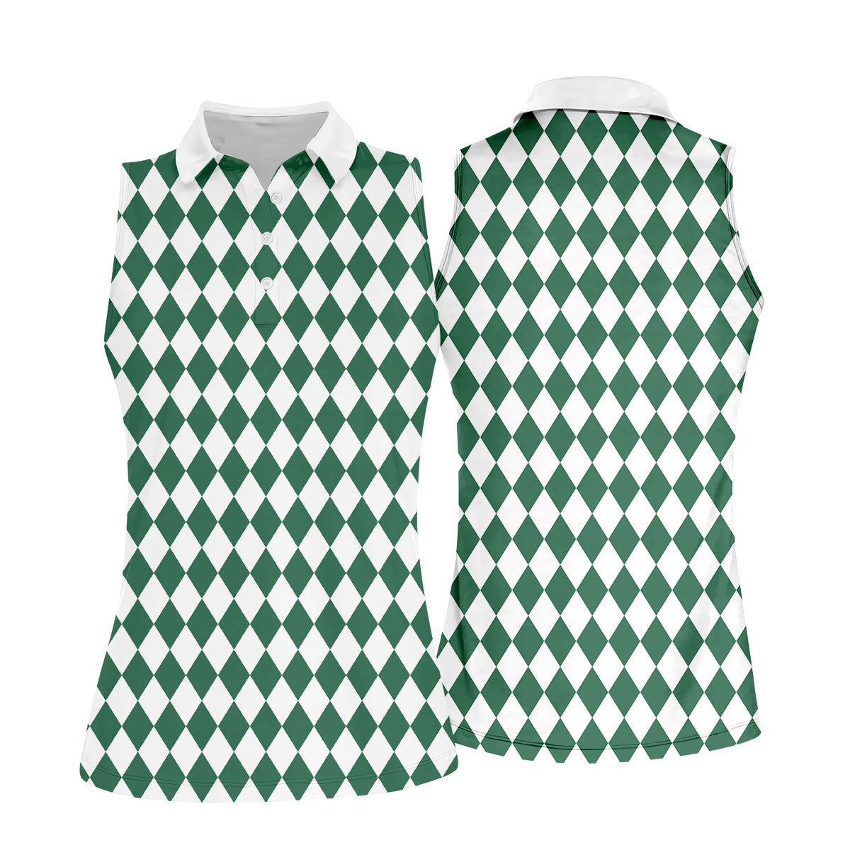 Green And White Argyle Pattern Retro Golf Shirt, Women's Golf Tops, Ladies Golf Polos, Ladies Golf Shirts
