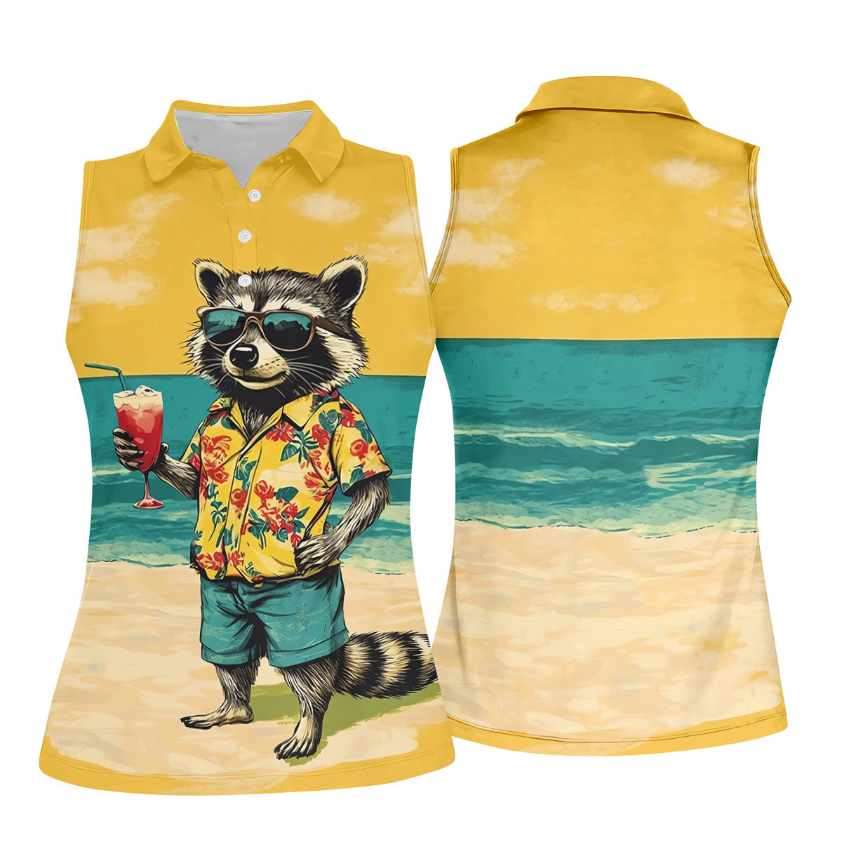 Cool Raccoon Tropical Yellow Hawaiian Golf Polo, Golf Tops For Women, Golfing Apparel