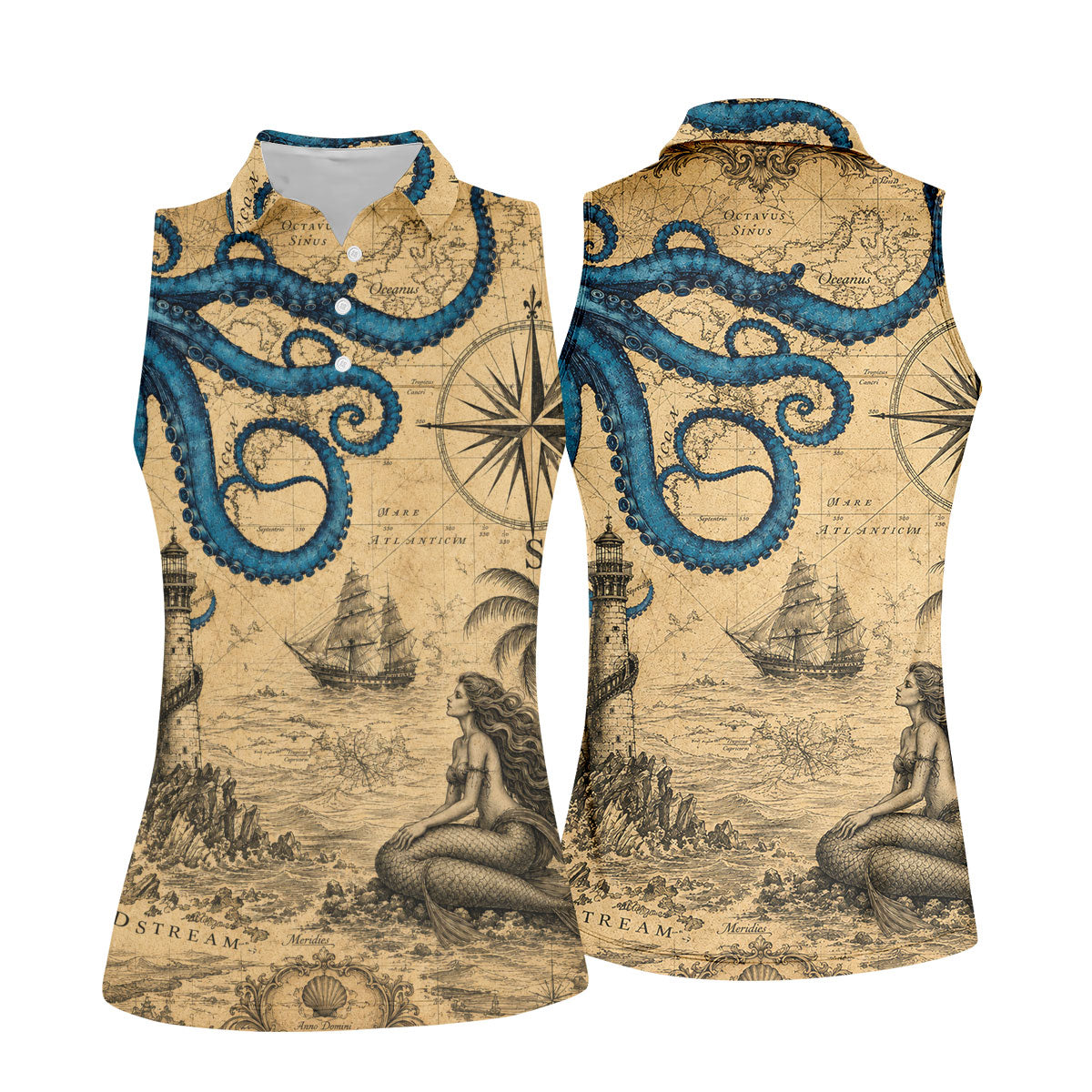 Mermaid Princess Vintage Nautical Hawaiian Golf Shirt, Women's Golf Tops, Ladies Golf Shirts