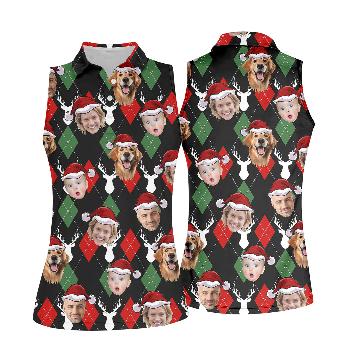 Custom Face Red And Green Argyle Pattern Christmas Women's Golf Tops, Ladies Golf Shirts, Christmas Golf Gift