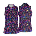 Tropical Theme Neon Pattern Black Golf Shirt, Women's Golf Tops, Golf Shirt For Women, Ladies Golf Shirts