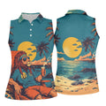 Beach Vibes Lion Sunset Teal Hawaiian Golf Polo, Golf Tops For Women, Golfing Apparel