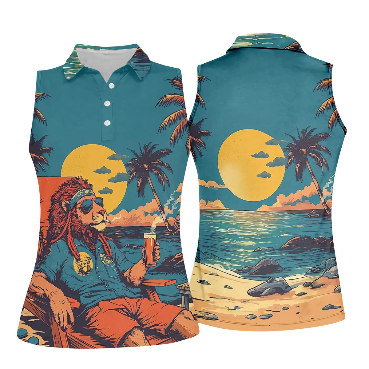 Beach Vibes Lion Sunset Teal Hawaiian Golf Polo, Golf Tops For Women, Golfing Apparel