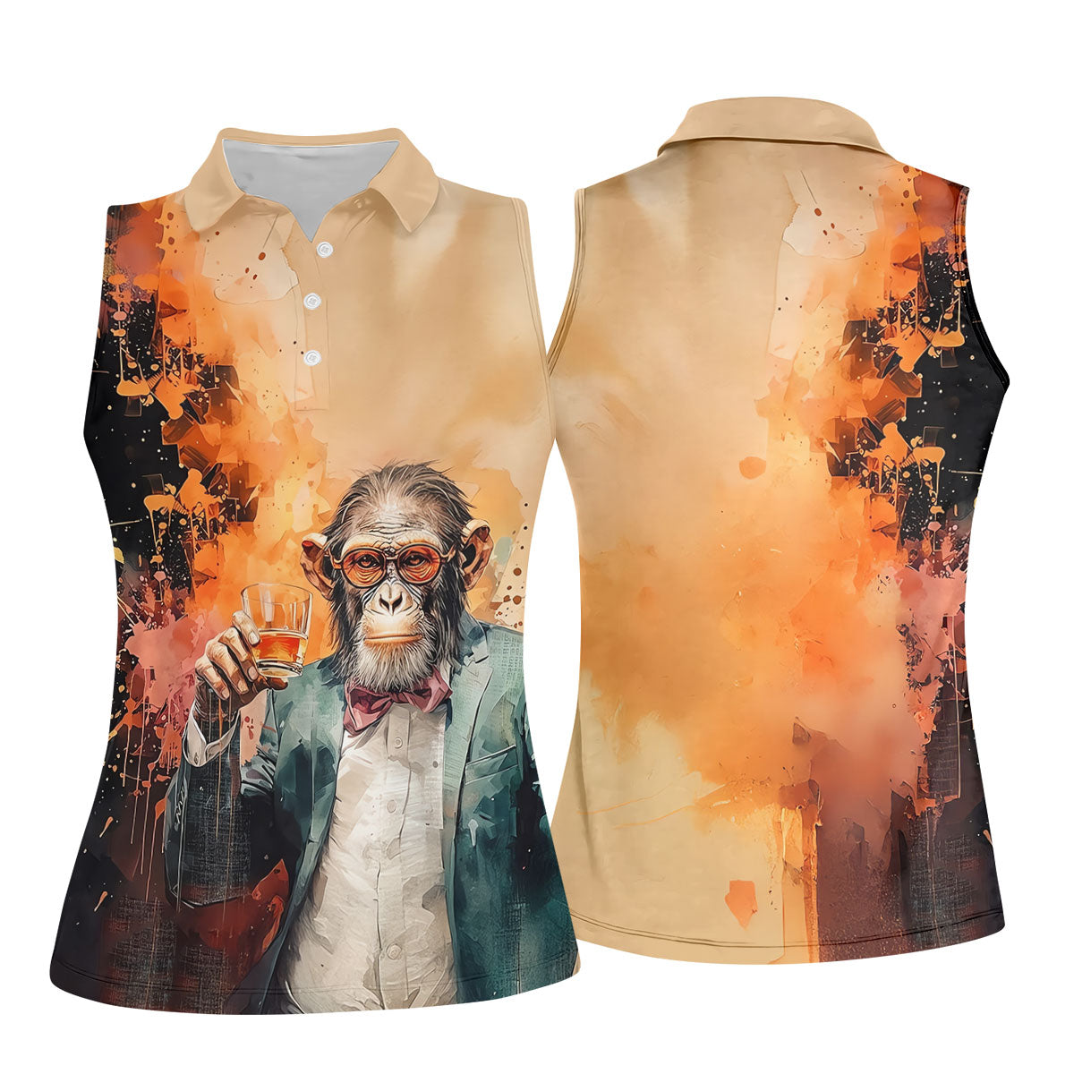 Gentleman Monkey Whiskey Golden Sunset Hawaiian Golf Polo, Golf Tops For Women, Golfing Apparel