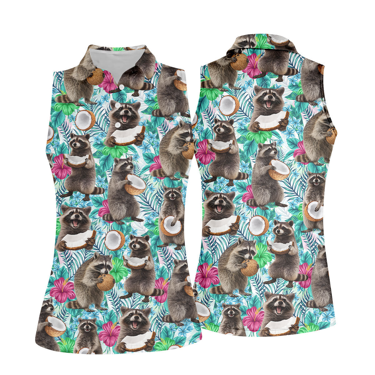 Funny Raccoons Enjoying Coconuts Design Hawaiian Golf Polo, Golf Tops For Women, Golfing Apparel