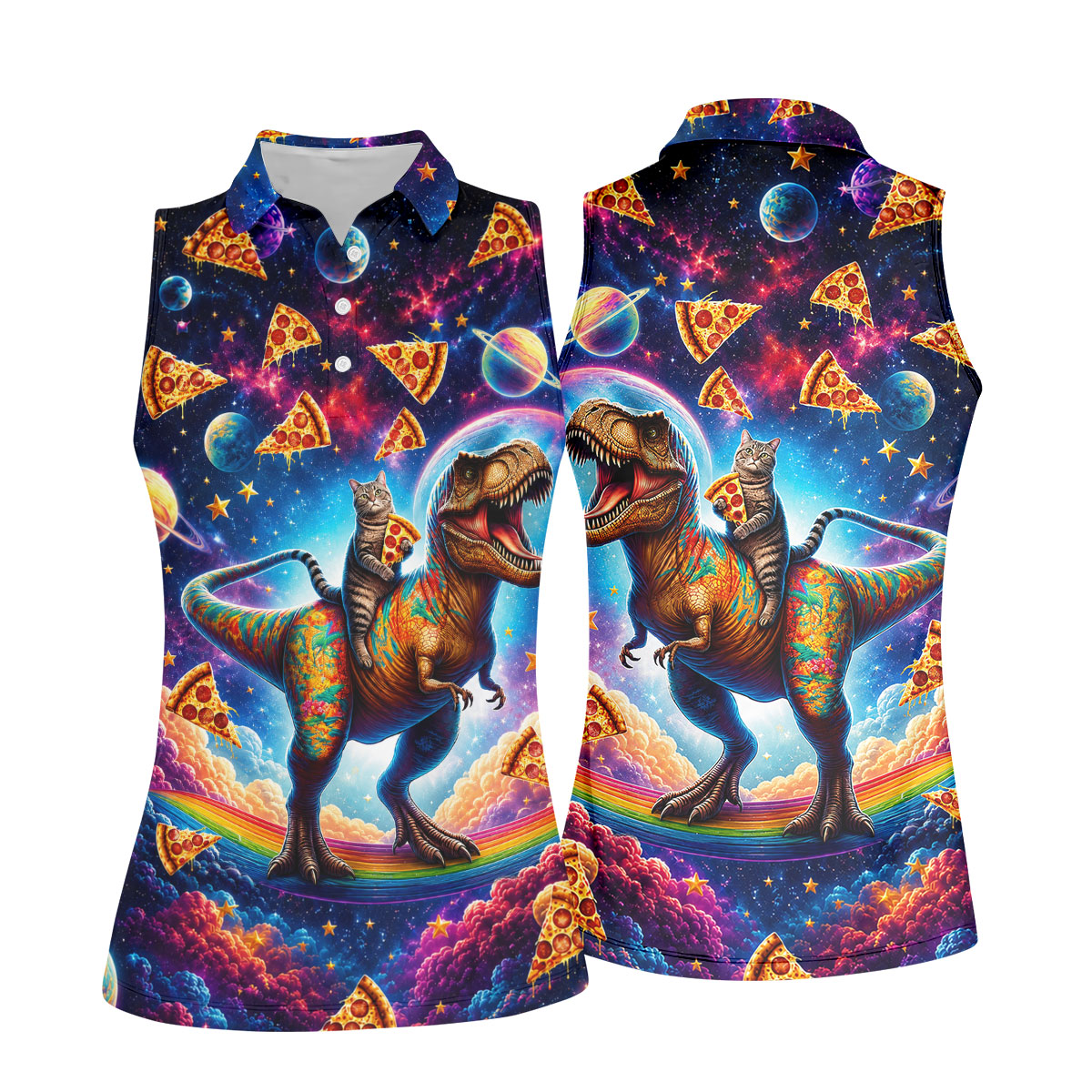 Pizza Space Cat Rainbow Dinosaur Hawaiian Golf Shirt, Women's Golf Tops, Ladies Golf Shirts