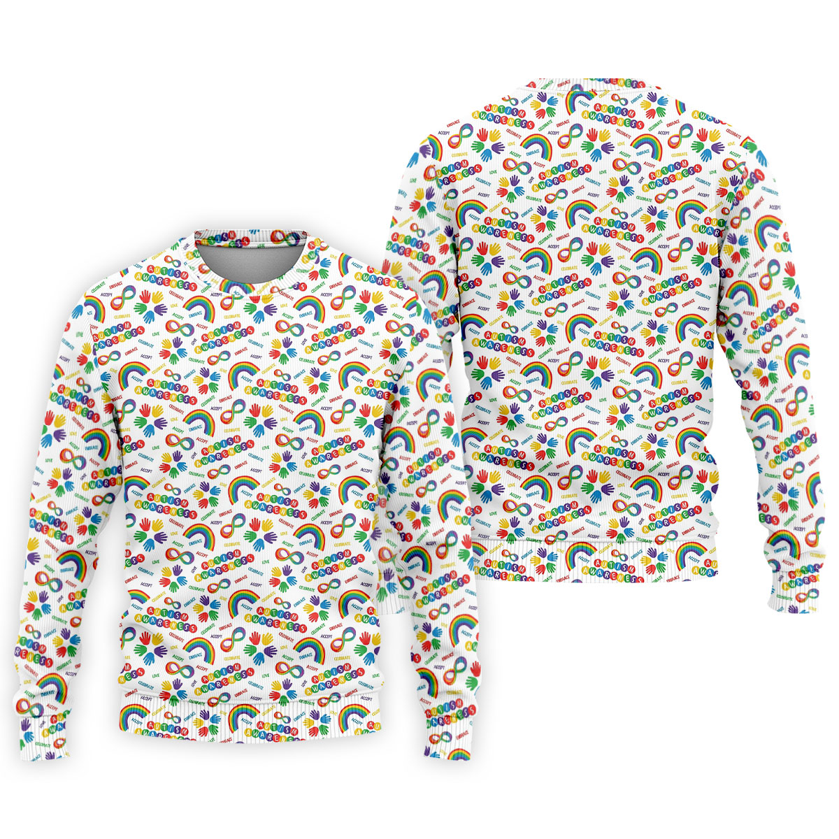 Autism Awareness Rainbow Pattern Colorful Handprints White Golf Shirt, Polo Shirts For Men