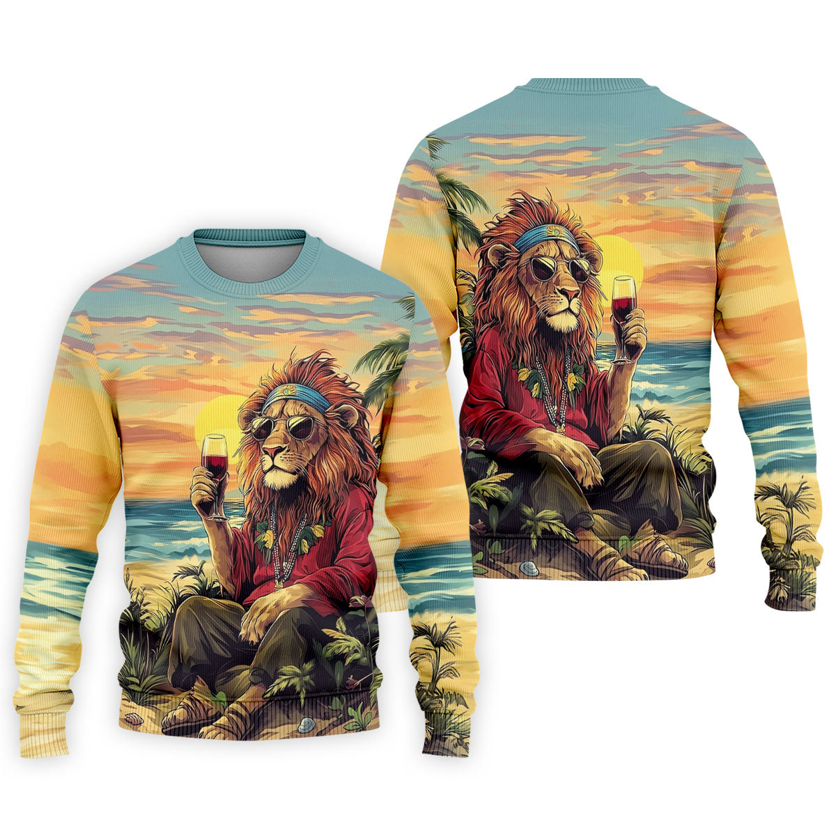 Tropical Lion Sunset Teal Hawaiian Golf Polo, Golf Tops For Men, Golfing Apparel